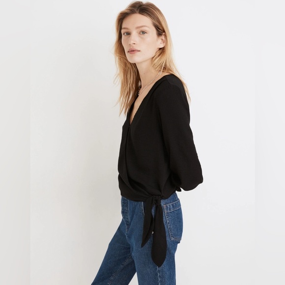 Madewell Smocked-Sleeve Wrap Top in Black - Size S - Picture 2 of 4